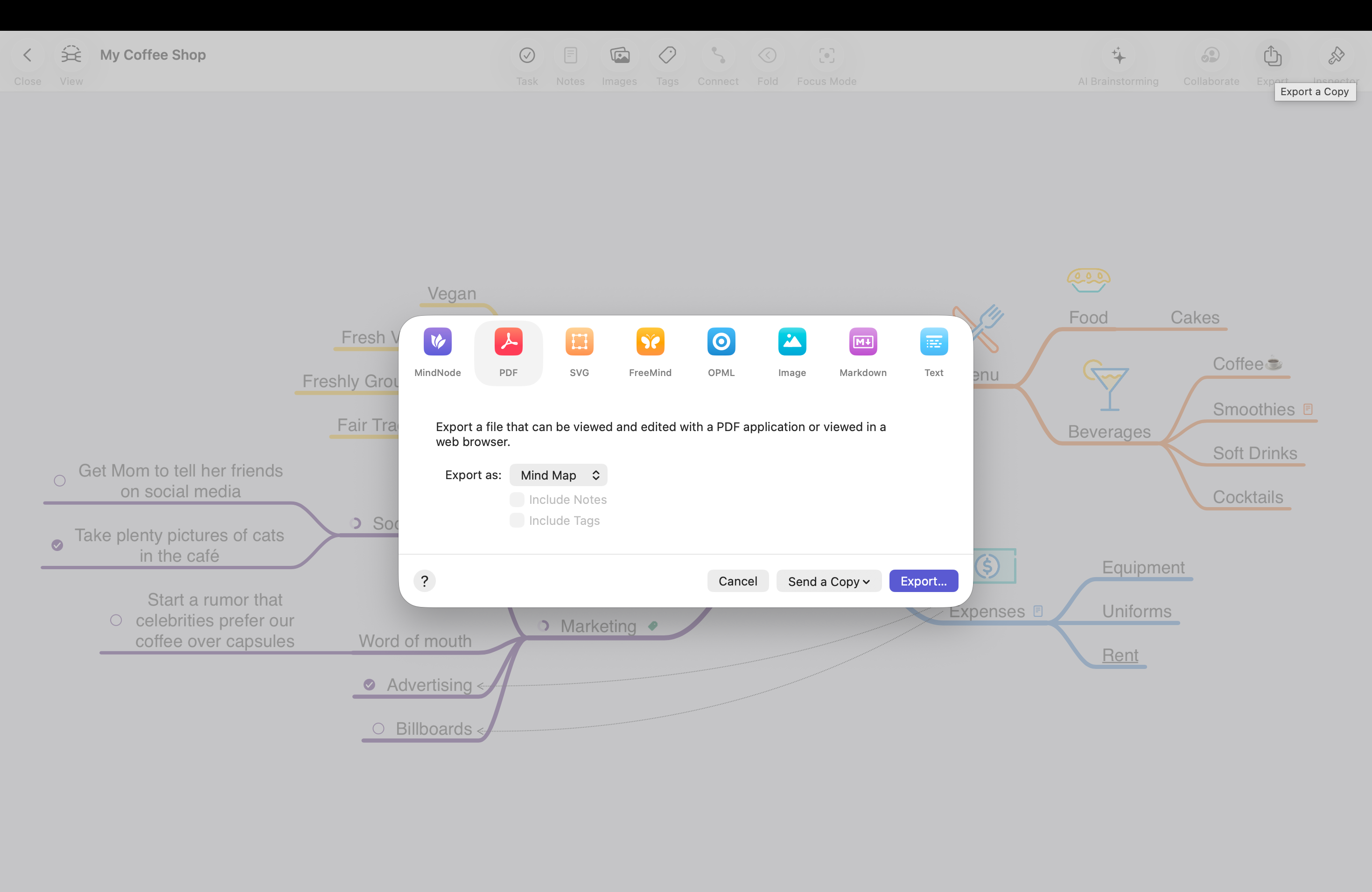 Export a MindNode document on macOS