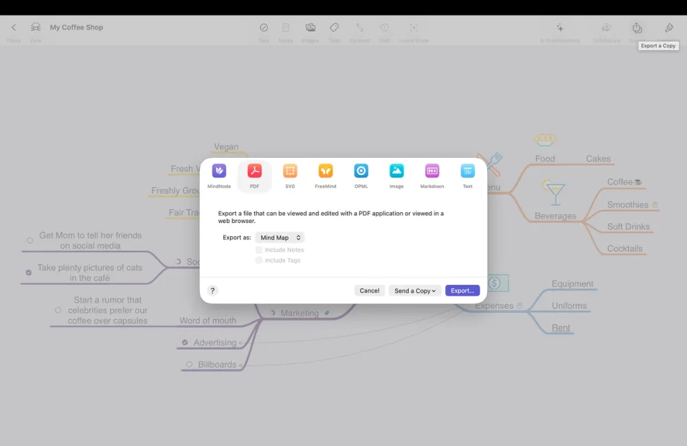 Export a MindNode document on macOS