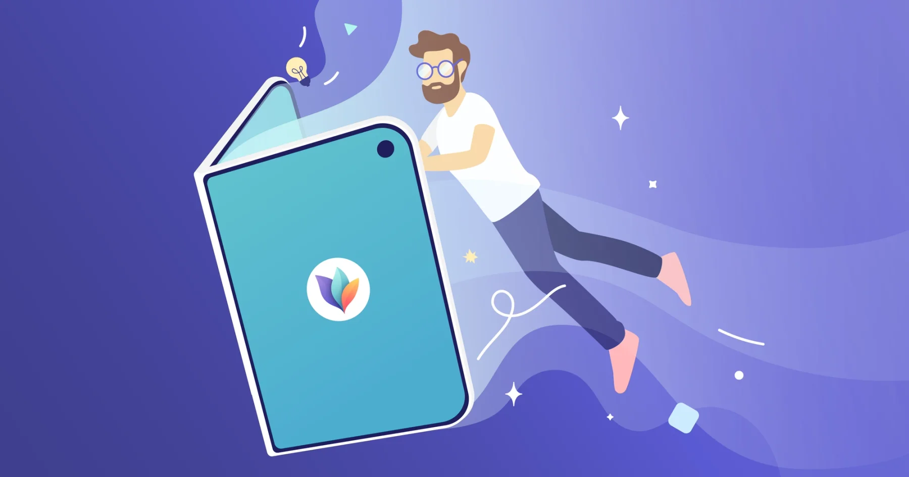 Illustration of a person floating next to a large, half-open foldable phone with the MindNode logo on its cover