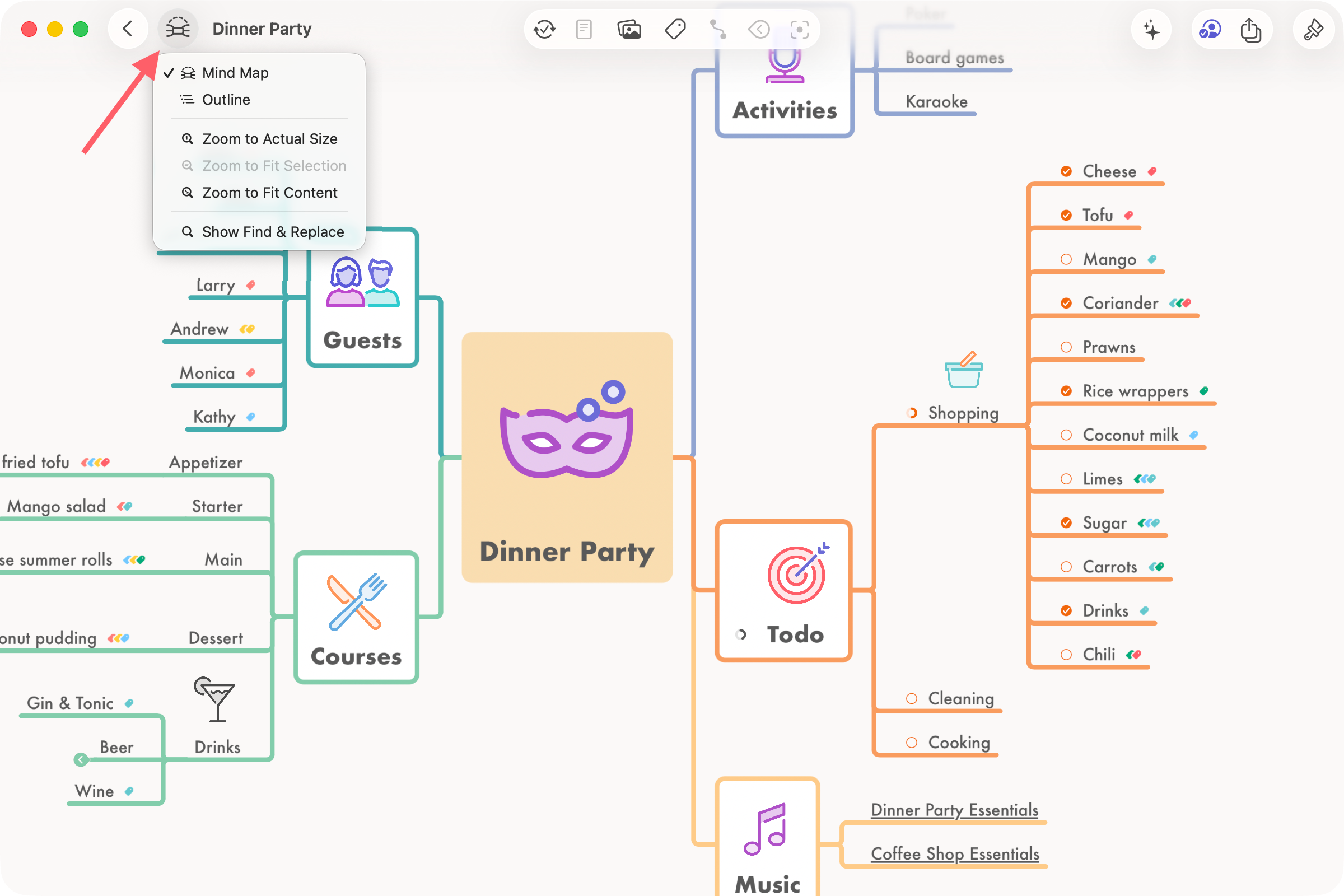 Screenshot of Mac MindNode windows displaying a "Dinner Party" mind map. A red arrow points at the open "View" menu in the toolbar bar.