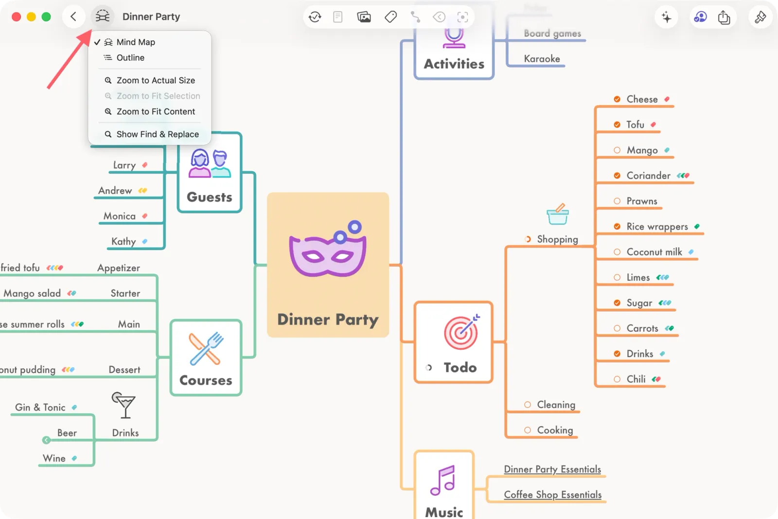 Screenshot of Mac MindNode windows displaying a "Dinner Party" mind map. A red arrow points at the open "View" menu in the toolbar bar.