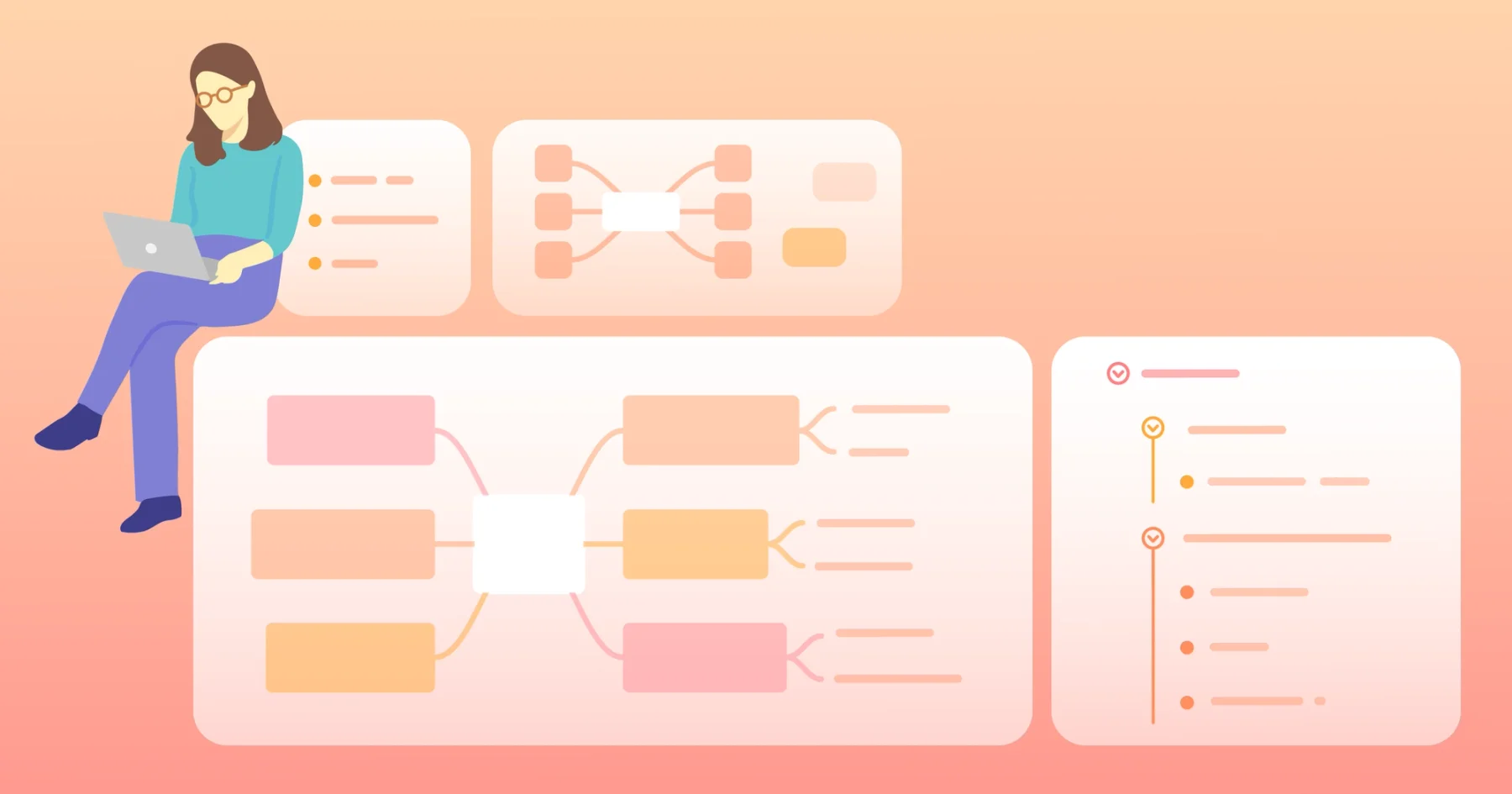 Illustration of planning widgets for mind maps, notes, and task tracking.