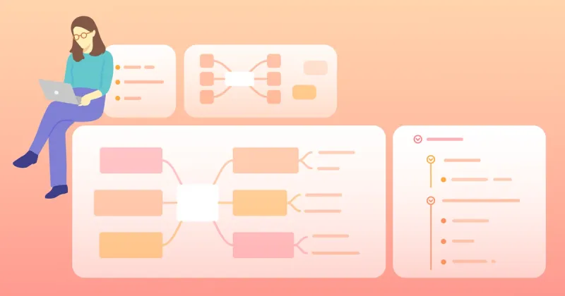 Illustration of planning widgets for mind maps, notes, and task tracking.