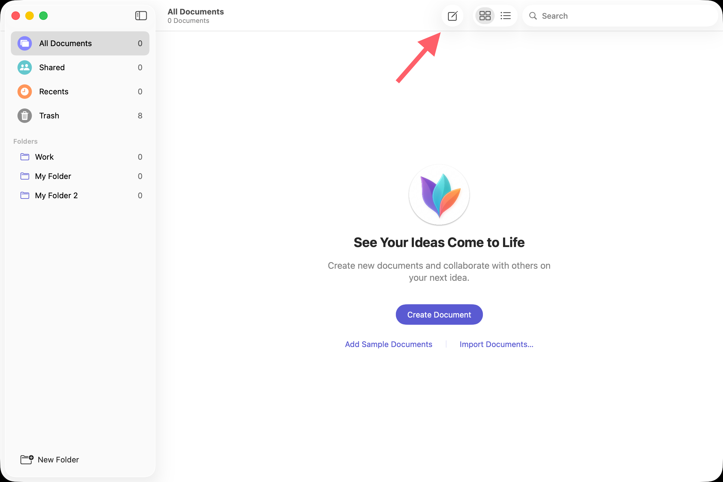 Empty document browser with arrow pointing to new document symbol