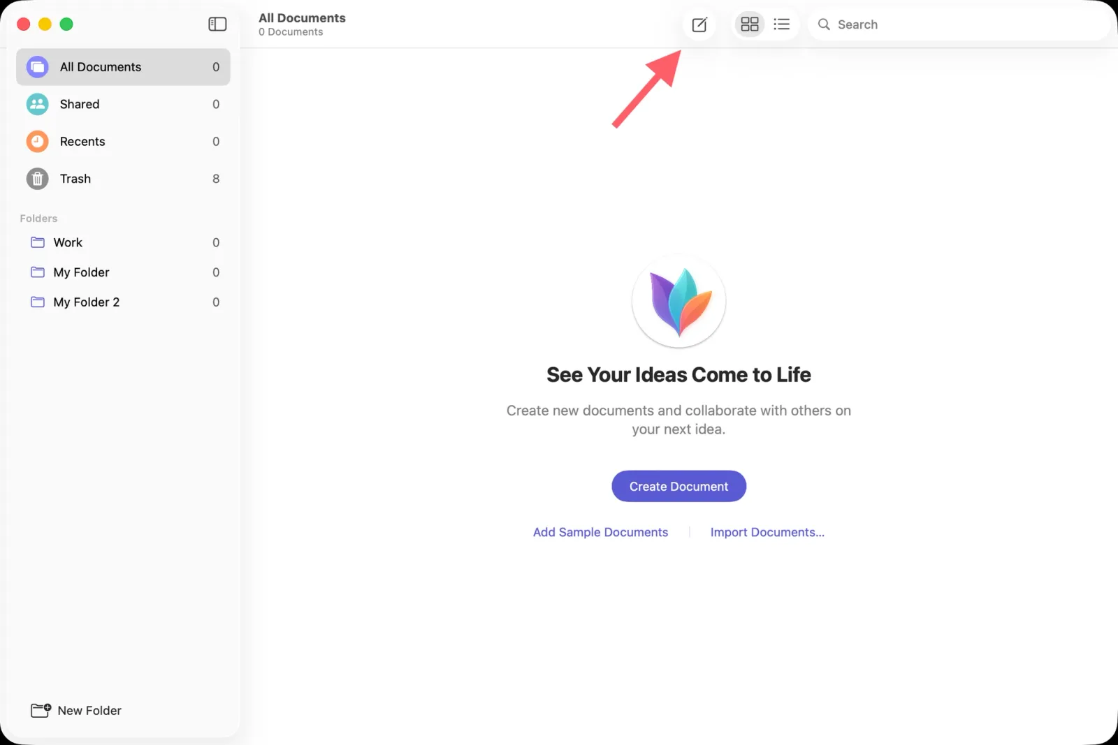Empty document browser with arrow pointing to new document symbol