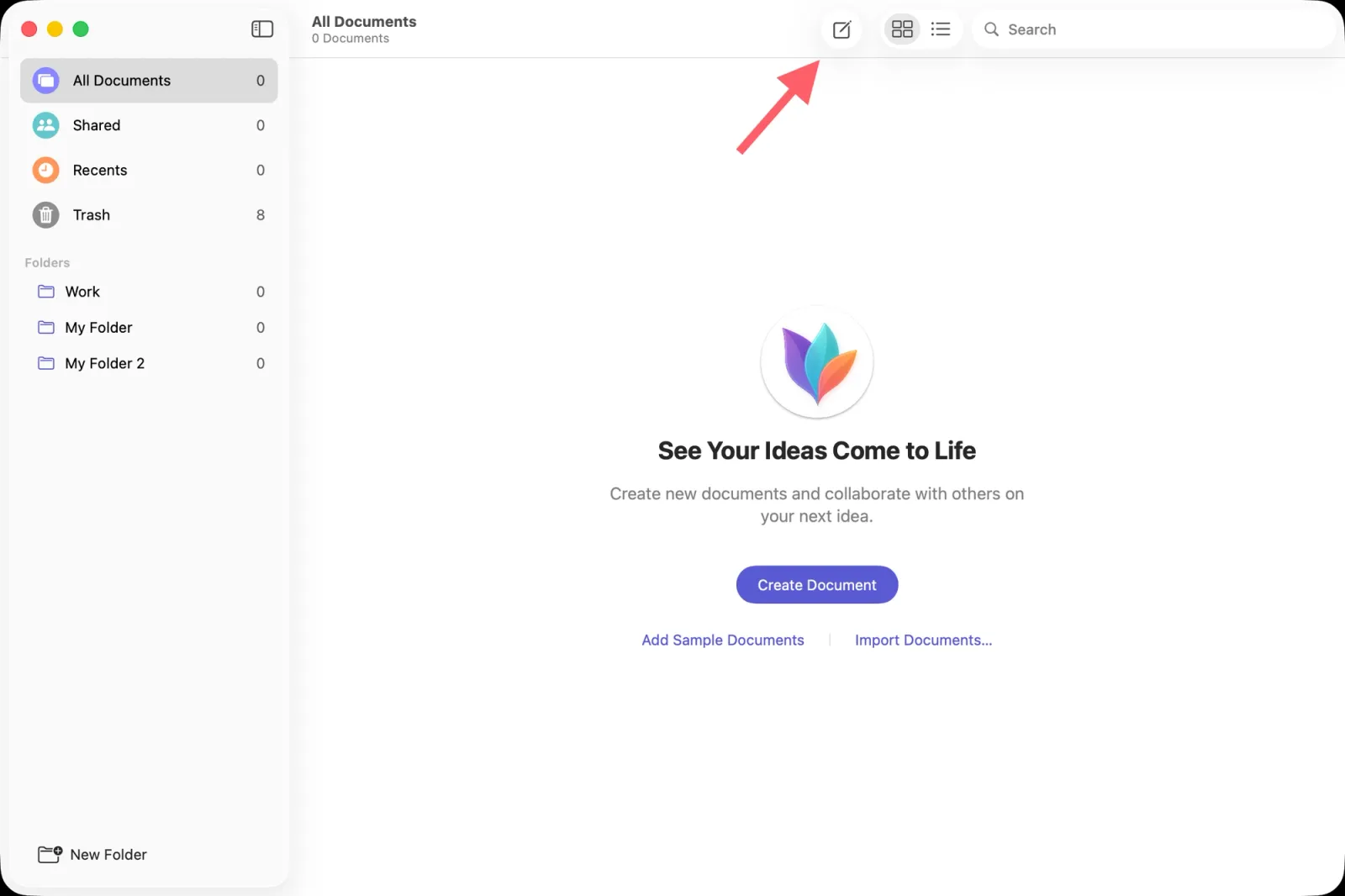 Empty document browser with arrow pointing to new document symbol