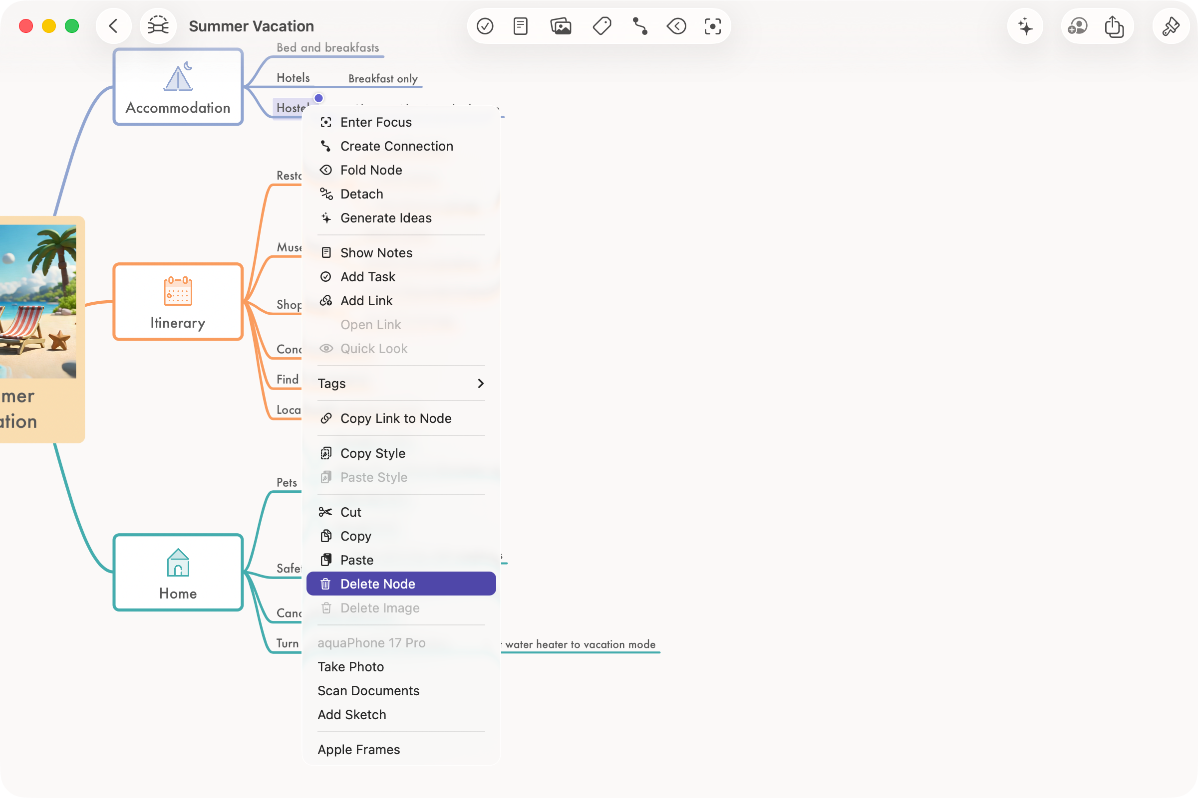 Open context menu with "Delete Node" highlighted