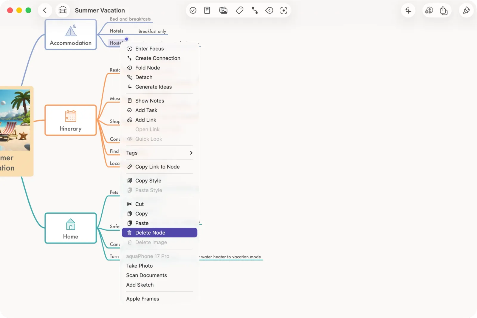 Open context menu with "Delete Node" highlighted