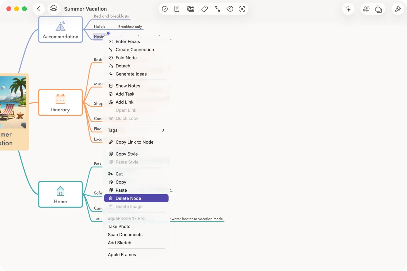 Open context menu with "Delete Node" highlighted