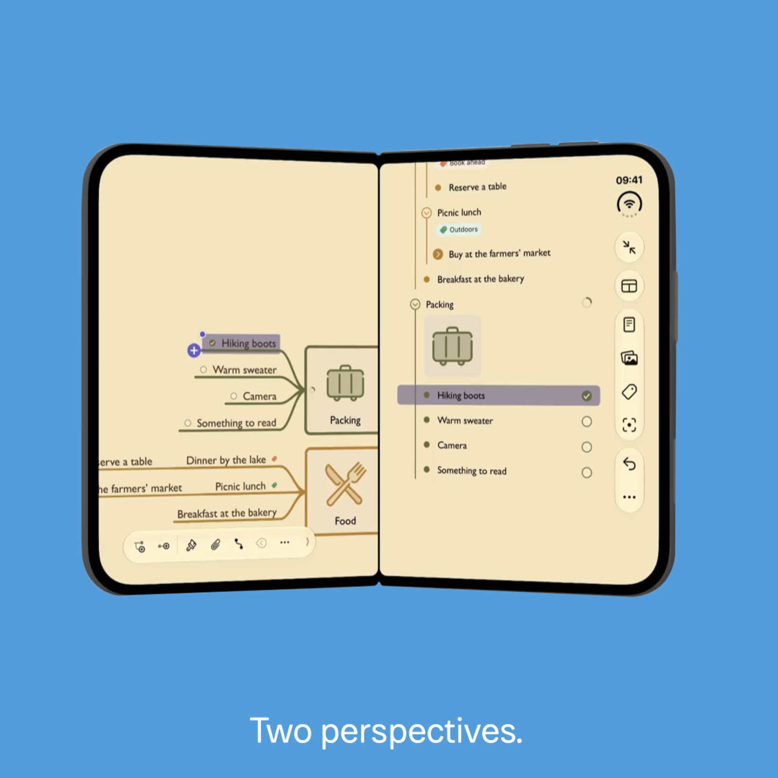 MindNode on iPhone Duo: capture ideas folded, unfold for the bigger picture.