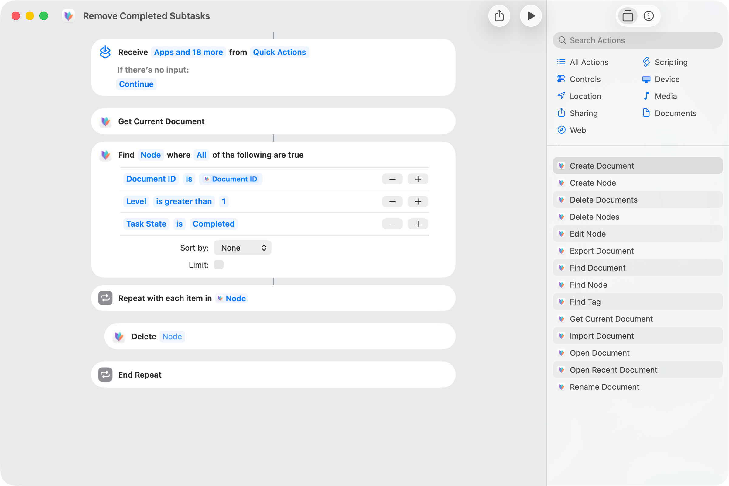Shortcut app open with a "Remove Completed Subtasks" shortcut visible and open sidebar