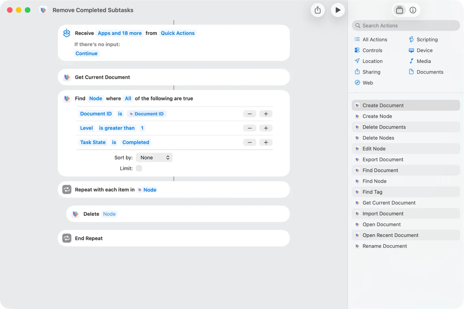 Shortcut app open with a "Remove Completed Subtasks" shortcut visible and open sidebar