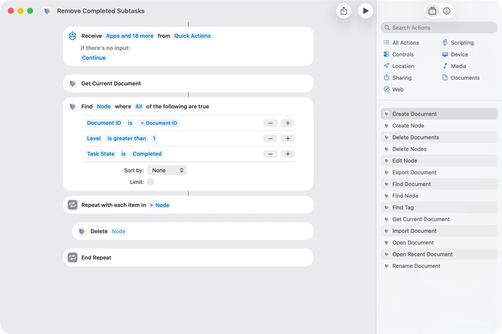 Shortcut app open with a "Remove Completed Subtasks" shortcut visible and open sidebar