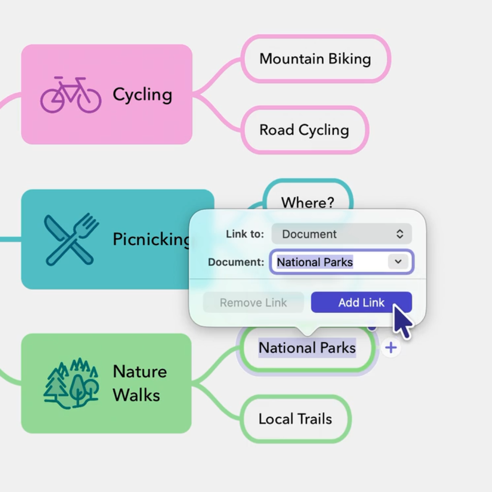 Link ideas across documents without leaving your current map.