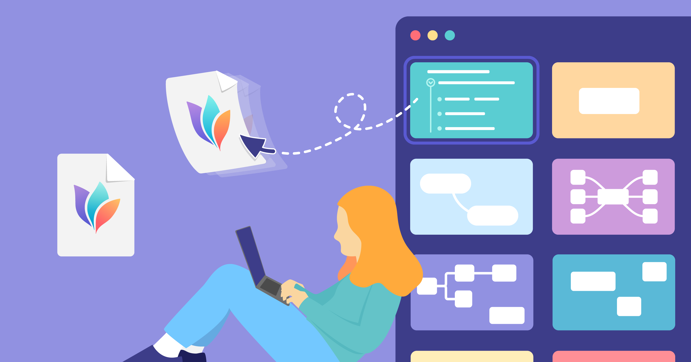 Person leaning against a window with a grid of documents, with two documents getting dragged out of the grid.