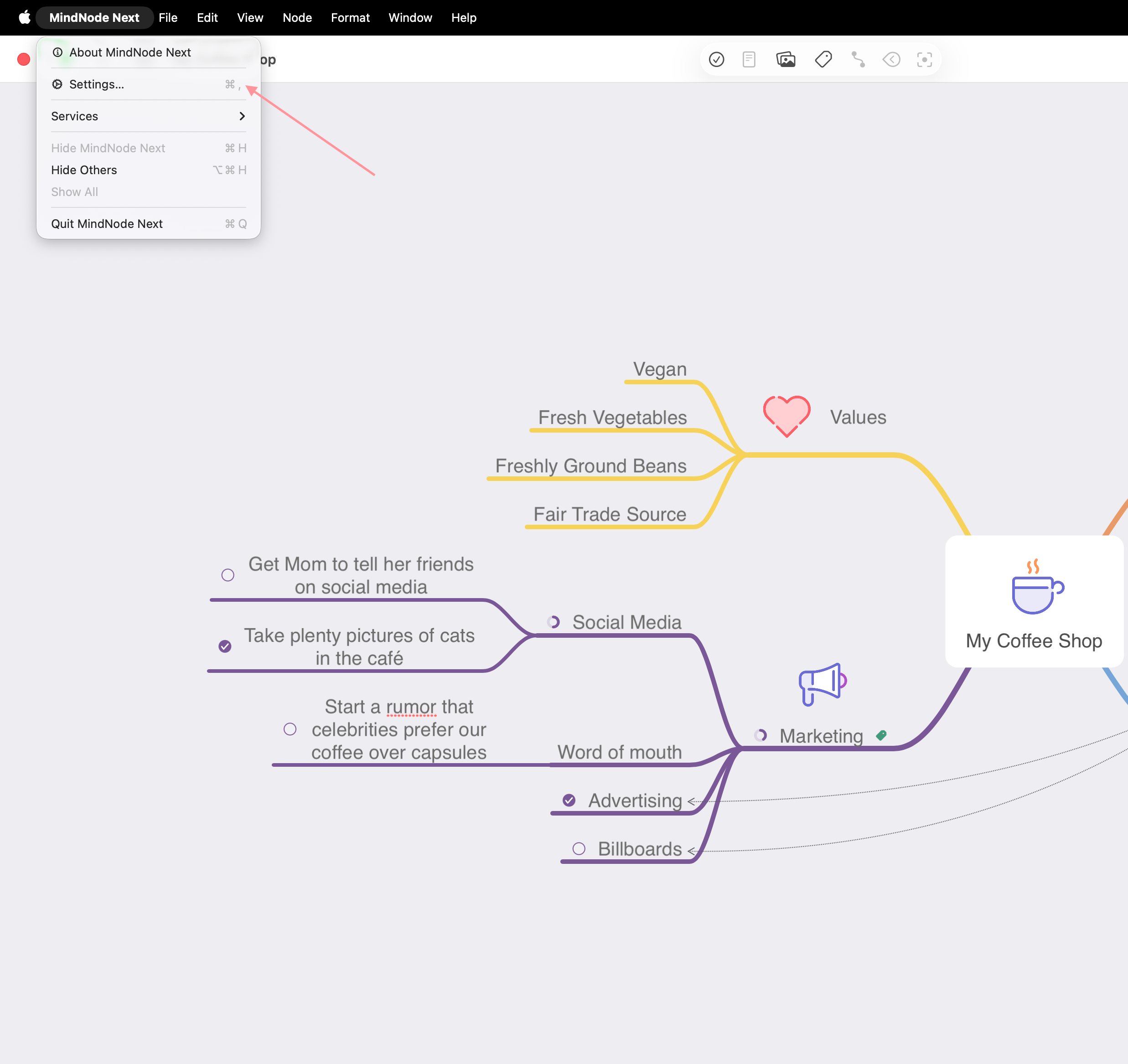 Settings in MindNode Next