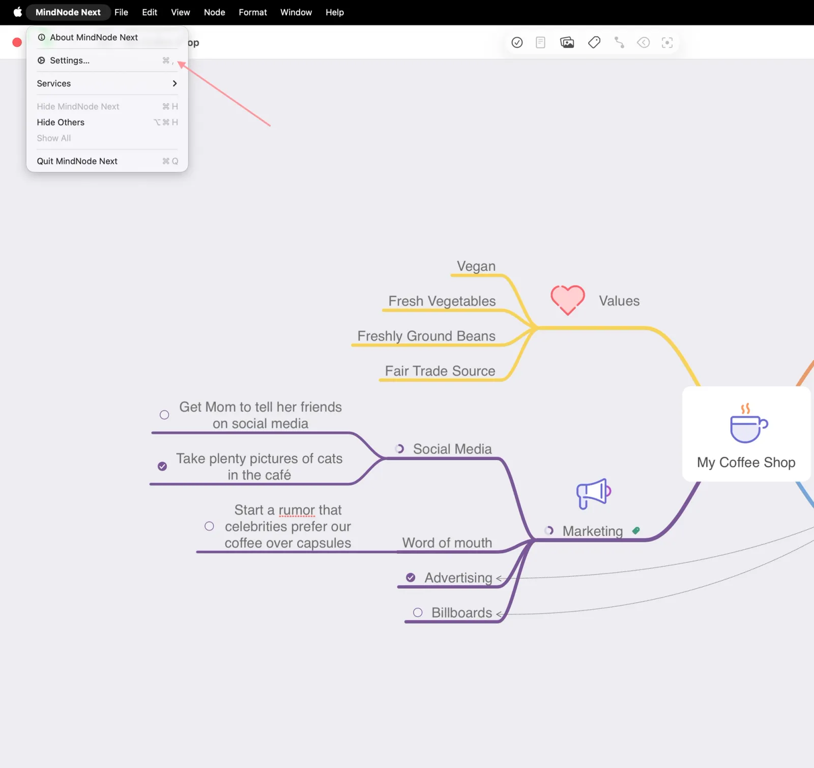 Settings in MindNode Next