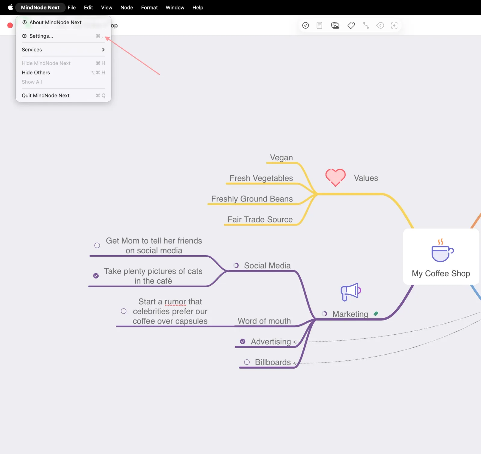 Settings in MindNode Next