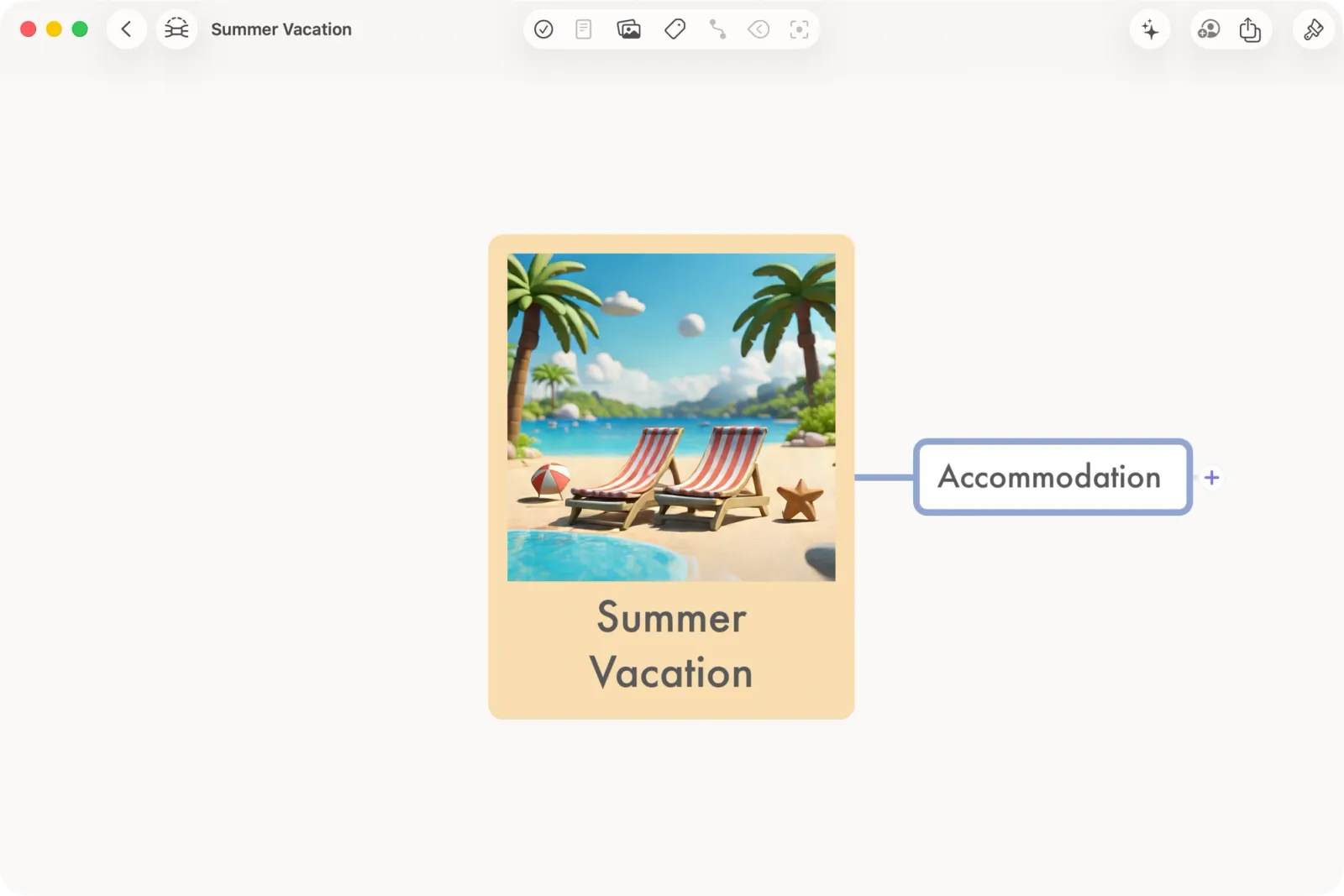 Mind Map with a main node "Summer Vacation" and a sibling "Accommodation"