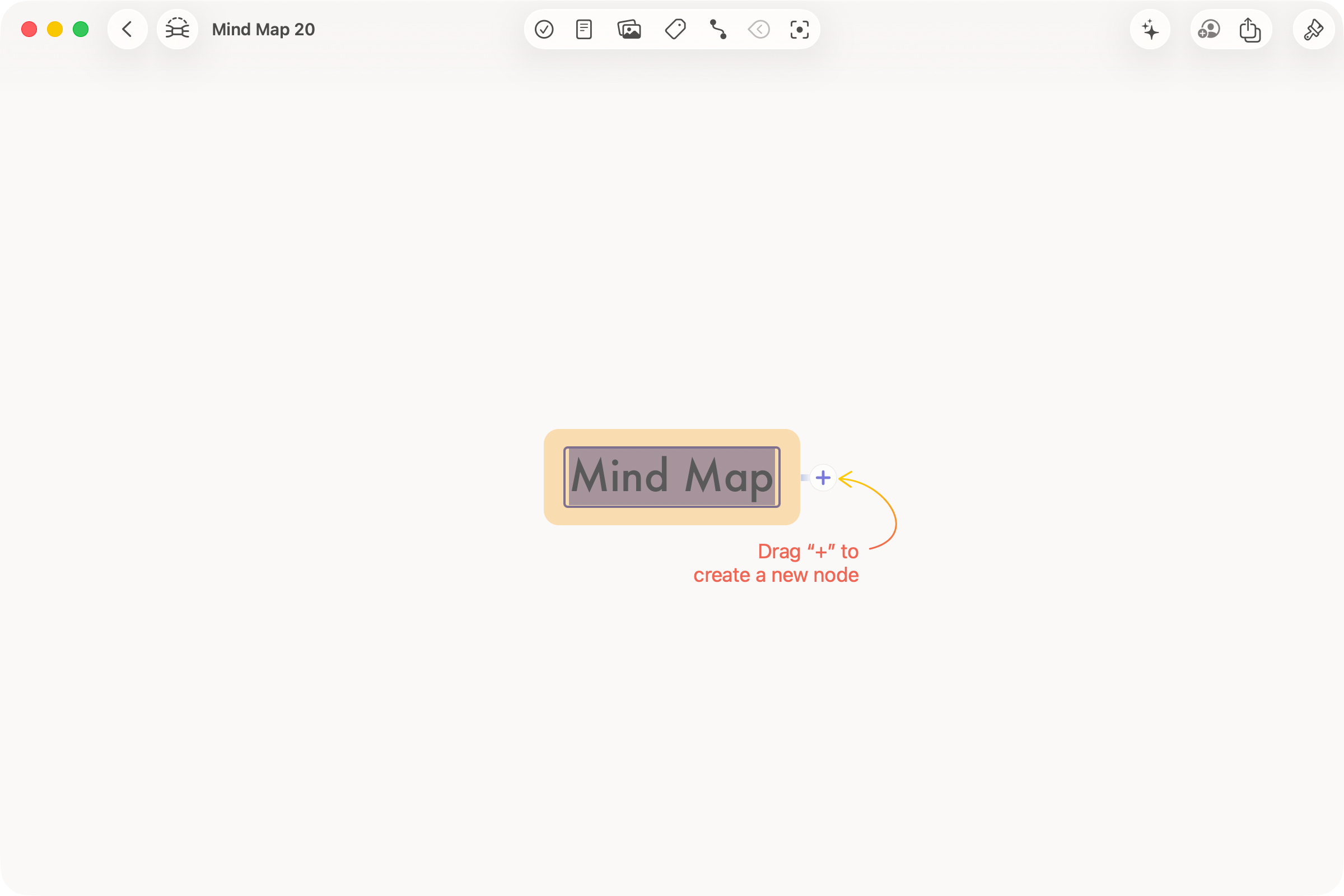 New document open with main node in edit mode.