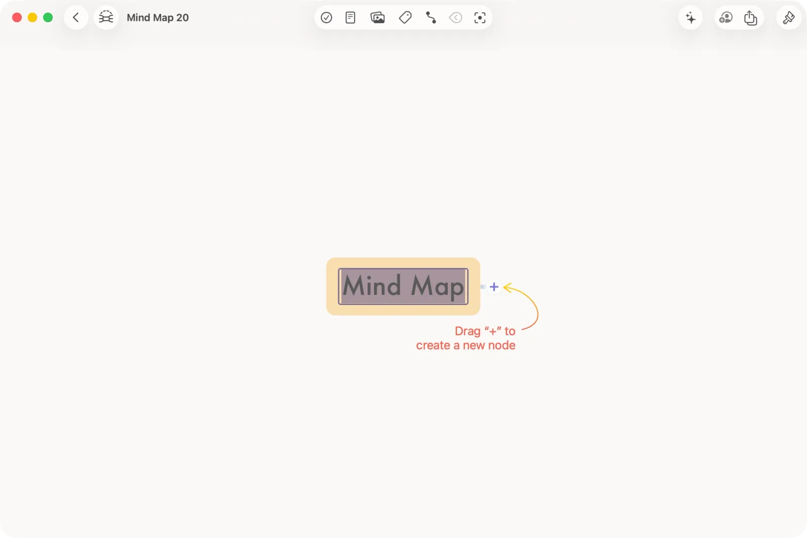 New document open with main node in edit mode.
