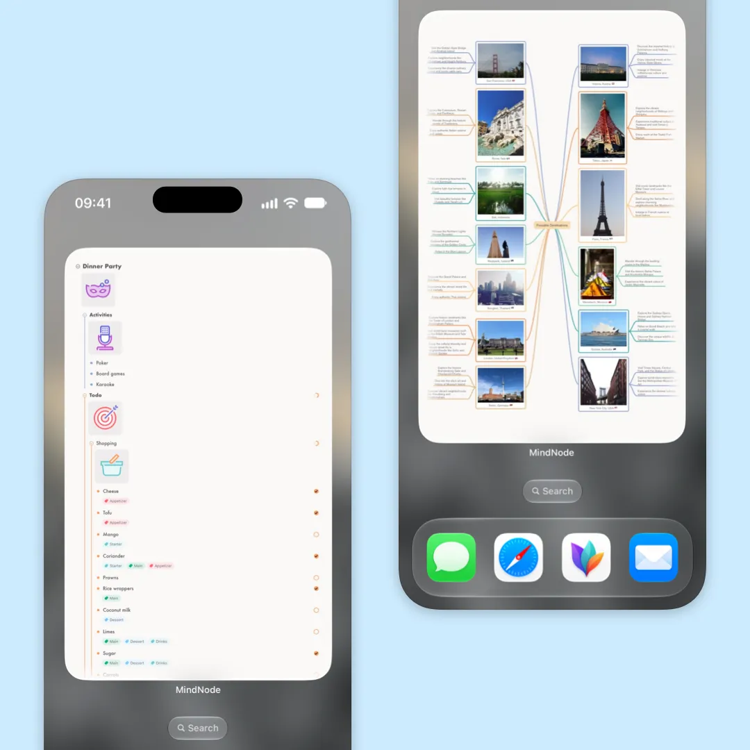 Two iPhone screens showing large MindNode widgets with an outline and a colorful mind map.