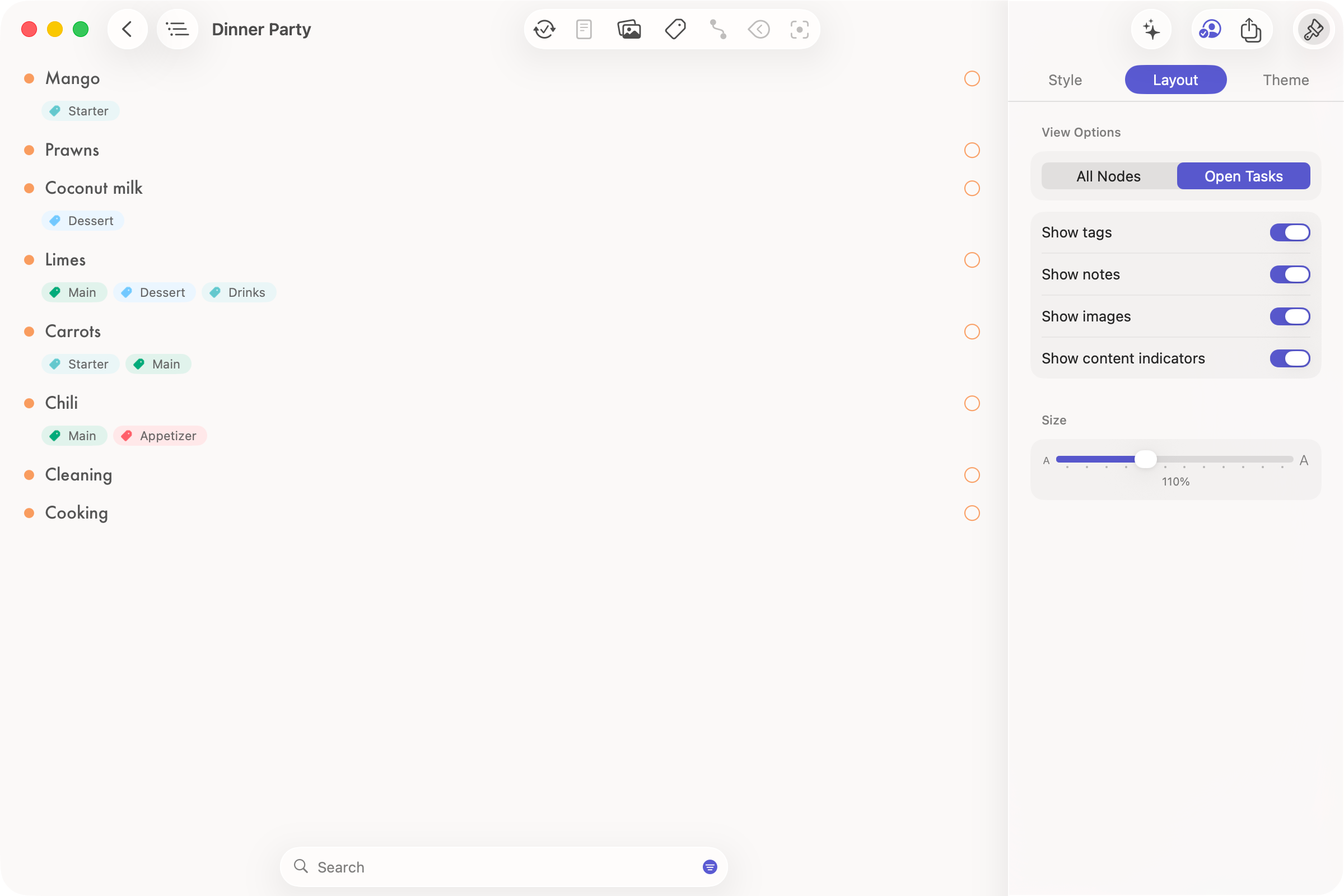 Mac Screenshot of Dinner Party outline displaying only open tasks