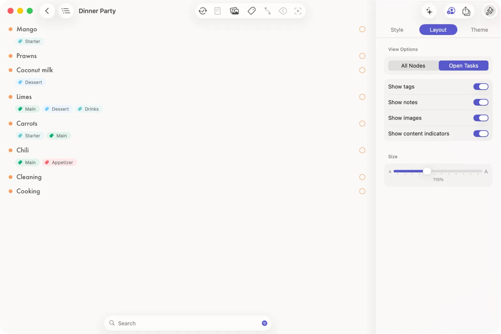 Mac Screenshot of Dinner Party outline displaying only open tasks