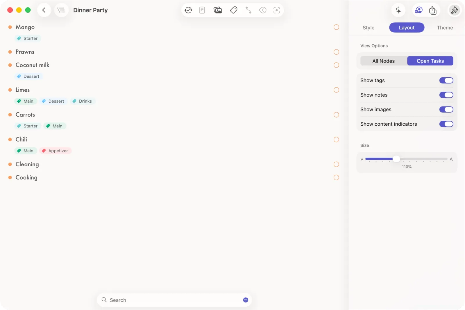 Mac Screenshot of Dinner Party outline displaying only open tasks
