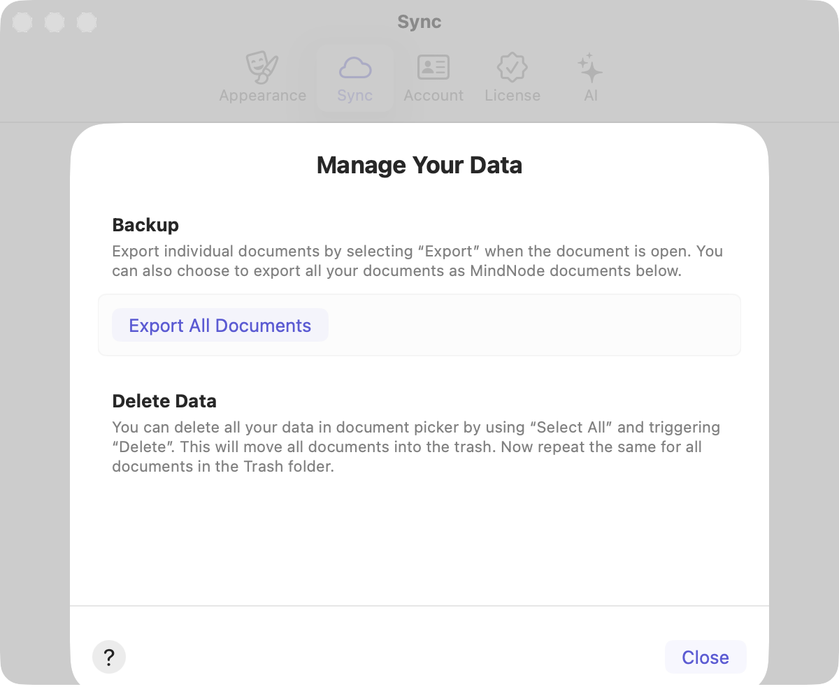 Screenshot of MindNode's Settings dialog with "Manage Your Data" sheet open