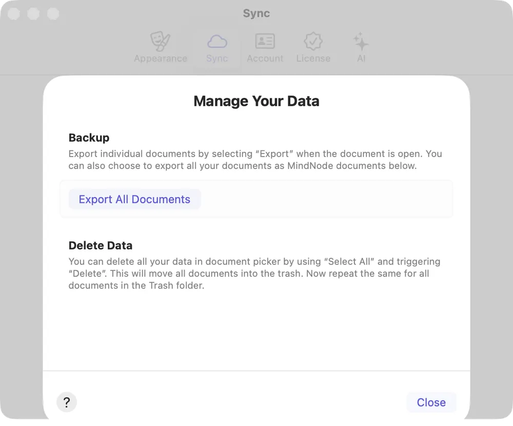 Screenshot of MindNode's Settings dialog with "Manage Your Data" sheet open