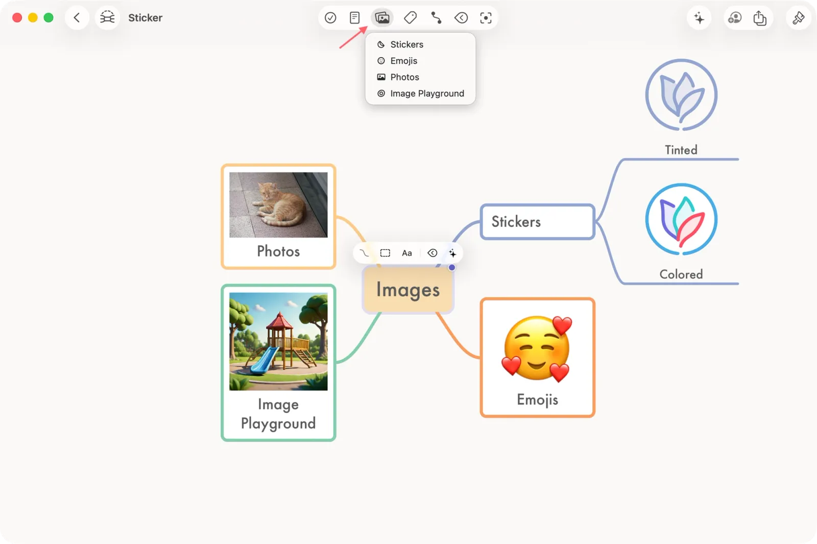 Add media menu open with options Stickers, Emojis, Photos, Image Playground