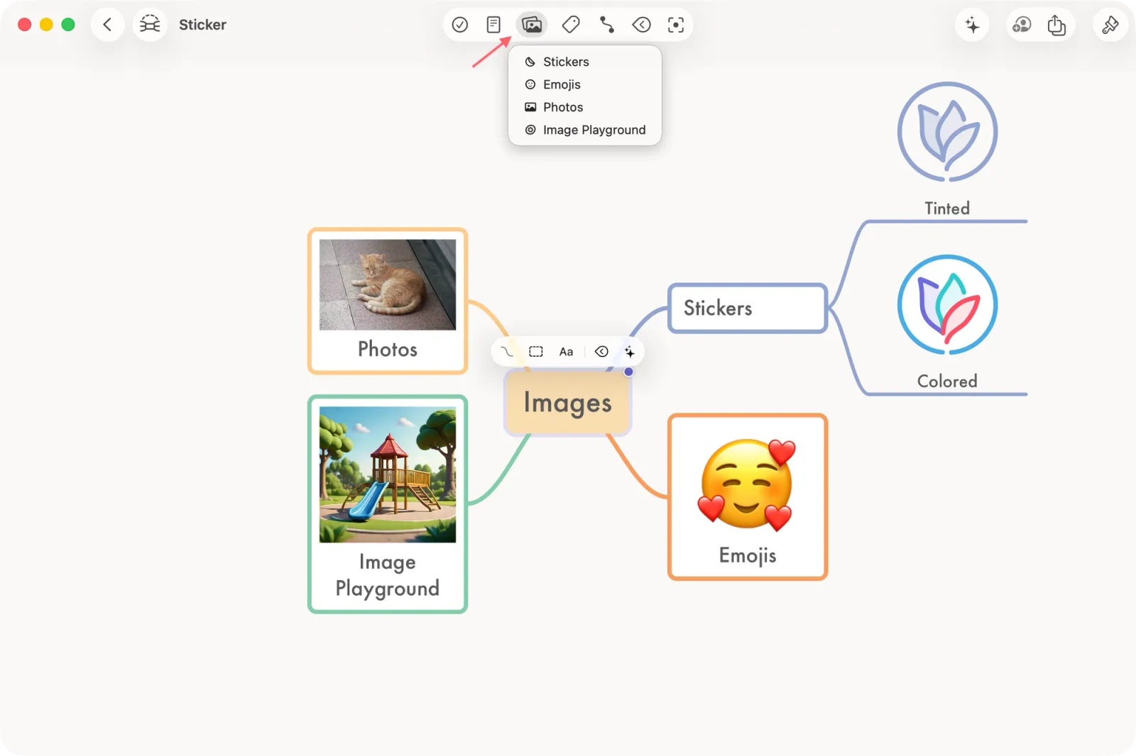 Add media menu open with options Stickers, Emojis, Photos, Image Playground