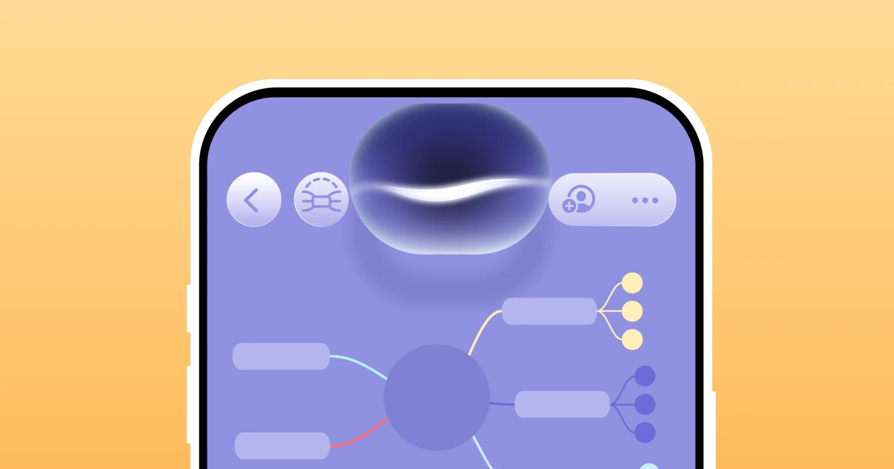 Illustration of MindNode on iPhone with a colorful mind map on screen and Siri glowing at the top