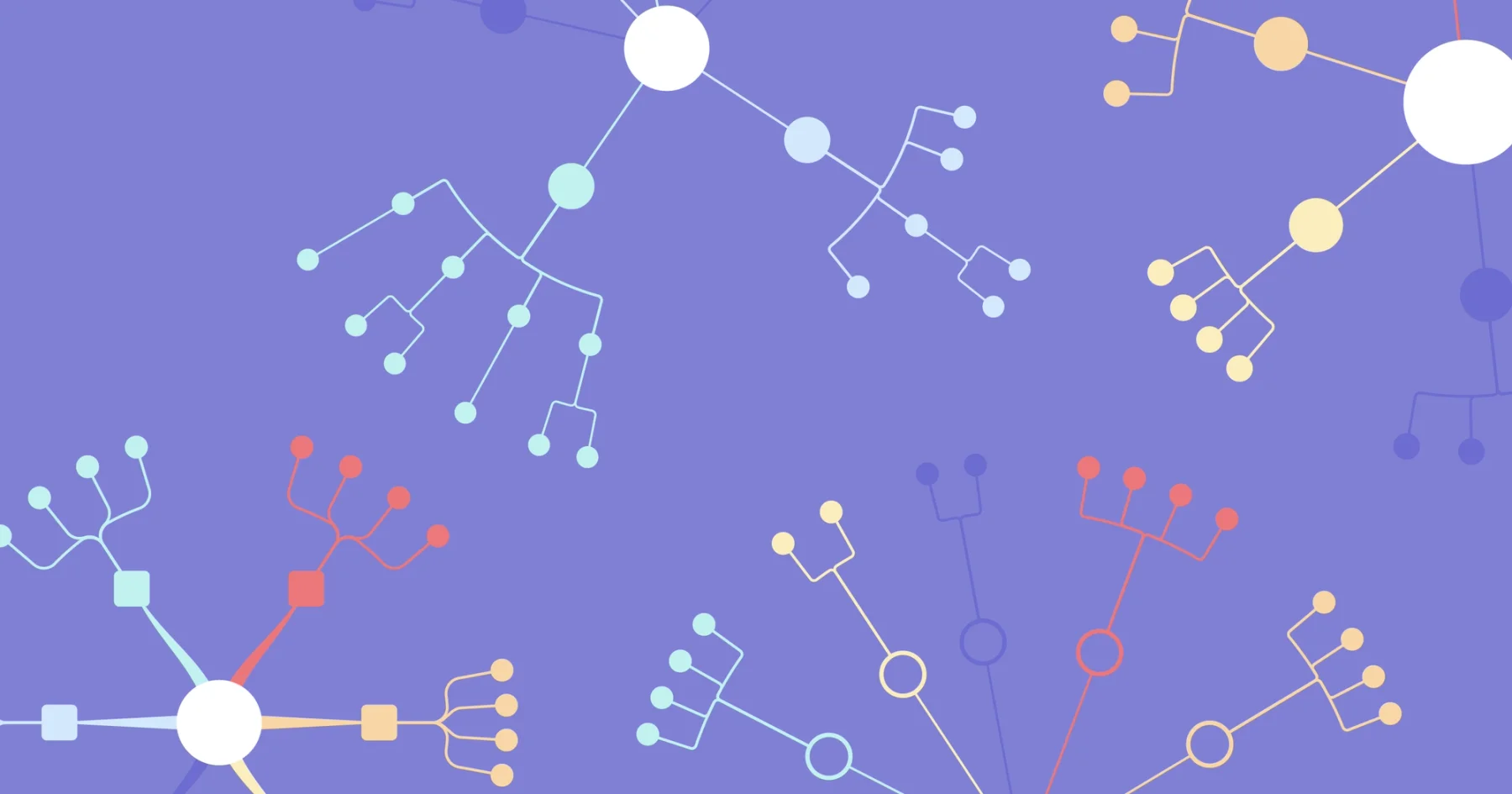 Abstract illustration of colorful radial mind maps with circular and square nodes on a purple background.