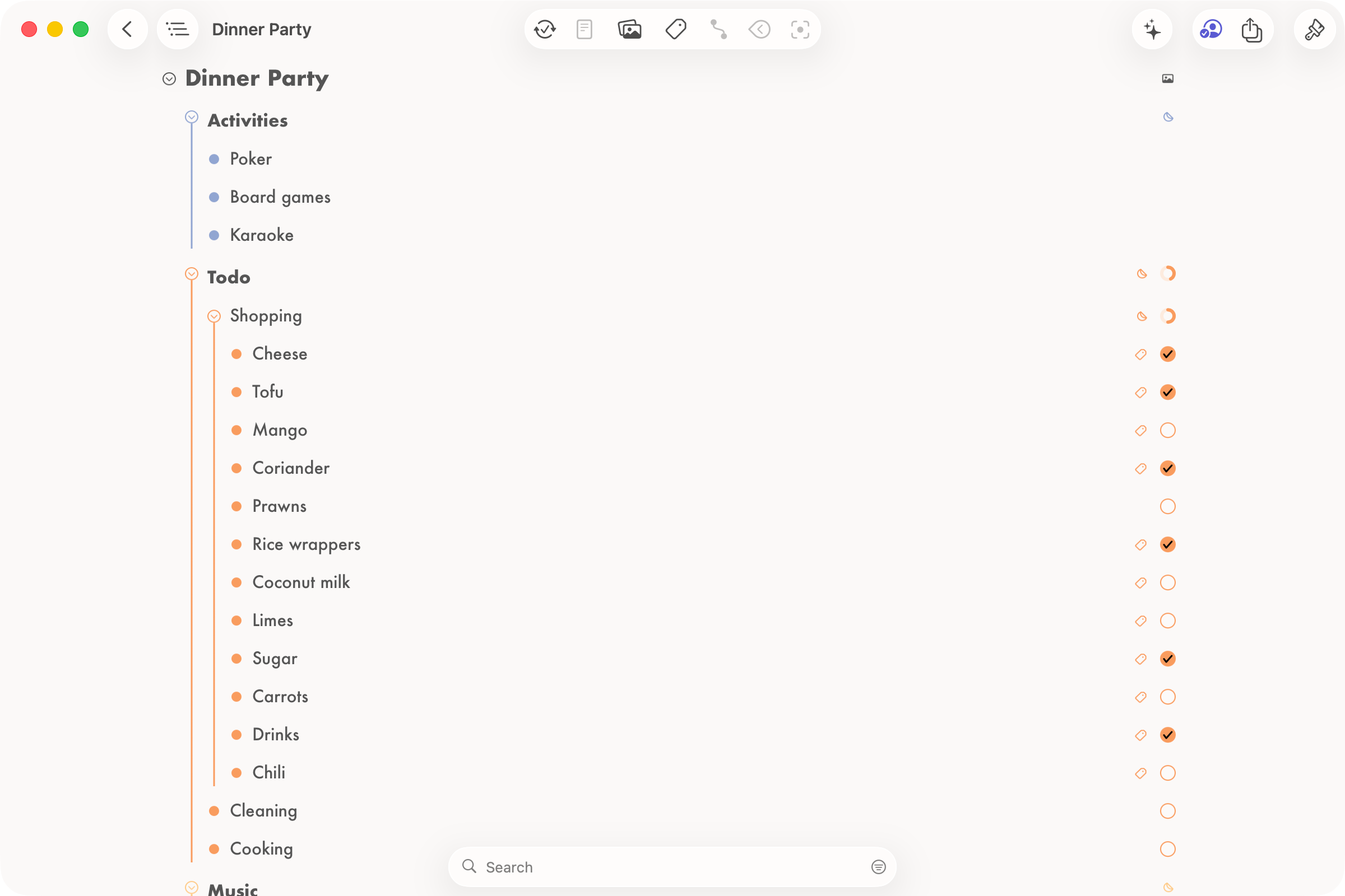 Mac Screenshot of a "Dinner Party" outline.