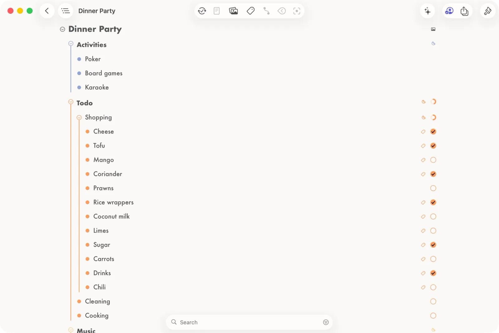 Mac Screenshot of a "Dinner Party" outline.