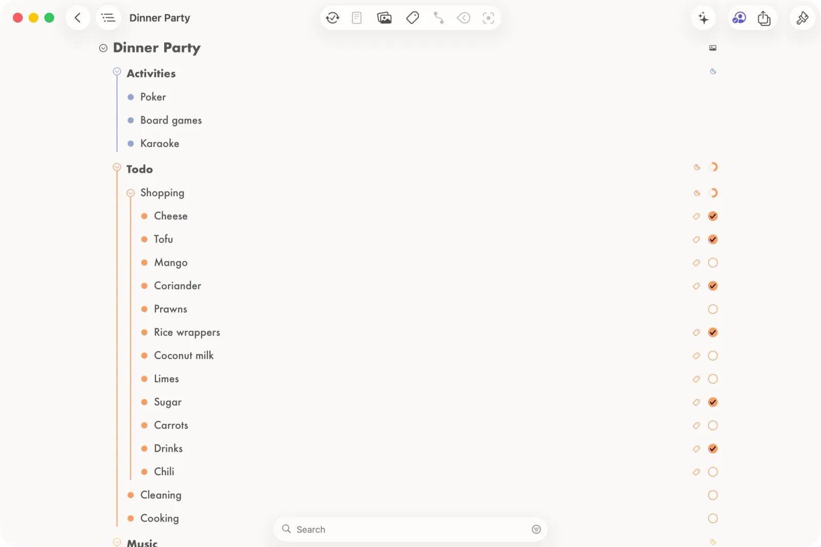 Mac Screenshot of a "Dinner Party" outline.