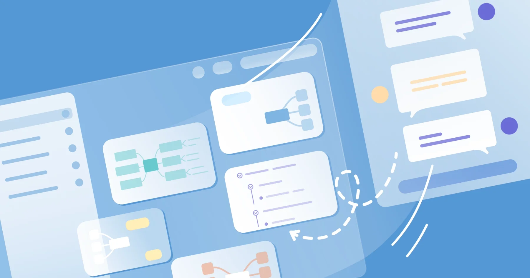 Illustration of MindNode mind maps, outlines, and AI chat interfaces connected by flowing lines, representing ideas moving between MindNode and AI assistants.
