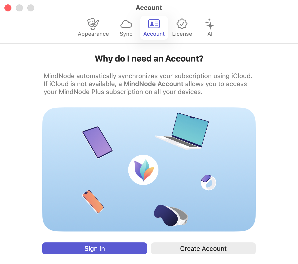 Screenshot of the "MindNode Account" signup screen.