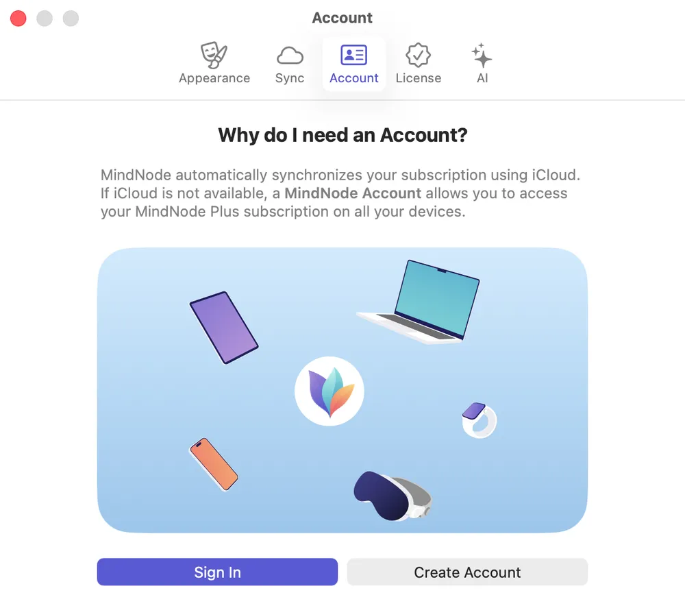 Screenshot of the "MindNode Account" signup screen.