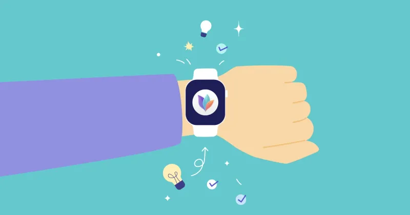 Illustration of a smartwatch on a person’s wrist displaying the MindNode leaf logo, surrounded by icons like light bulbs and checkmarks on a teal background.
