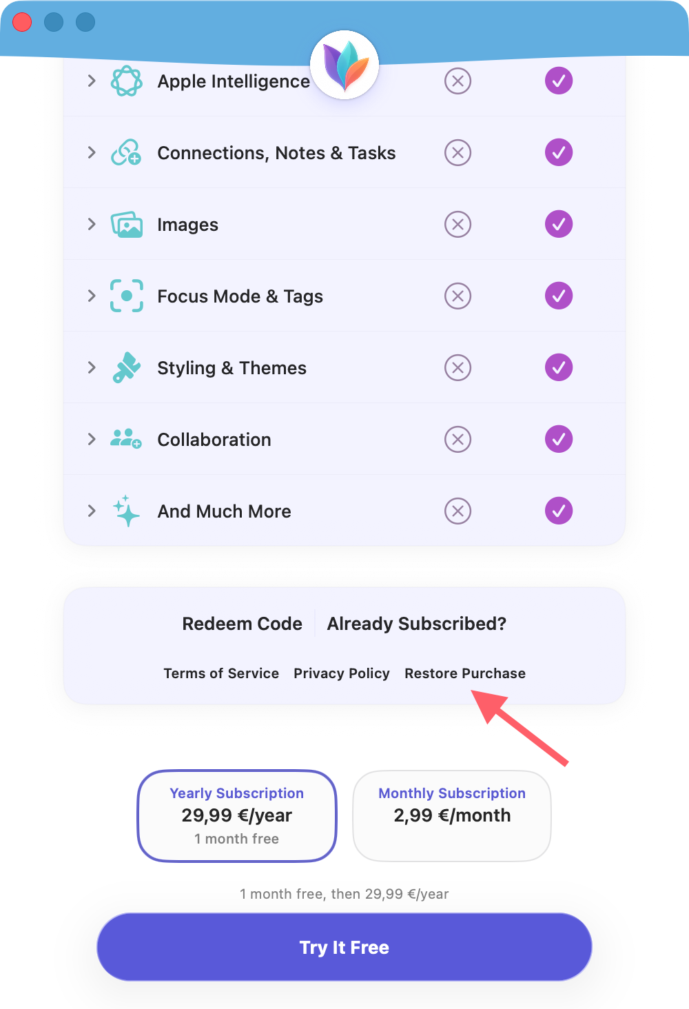 Screenshot of the paywall in MindNode with an arrow pointing at "Restore Purchase"