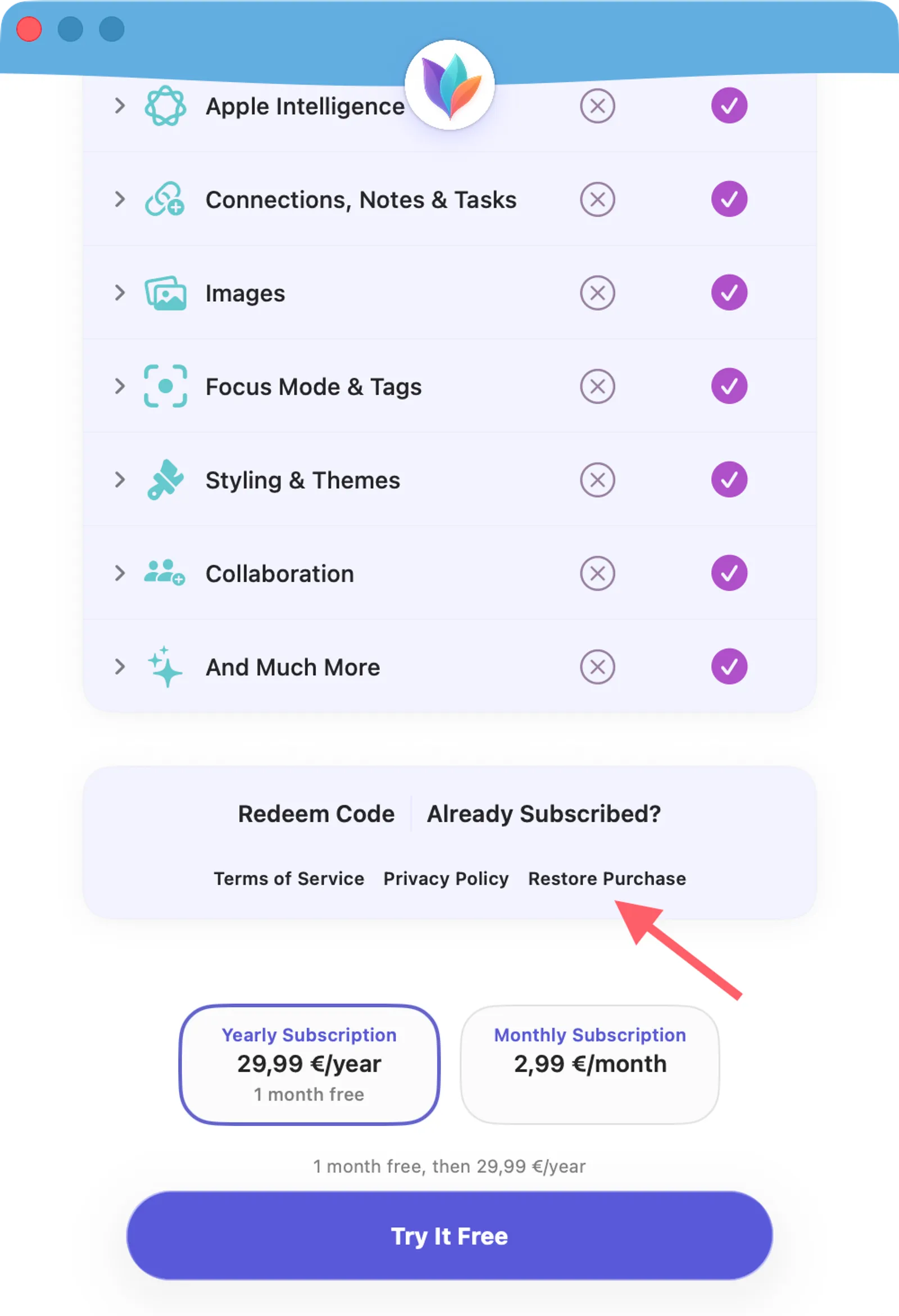 Screenshot of the paywall in MindNode with an arrow pointing at "Restore Purchase"