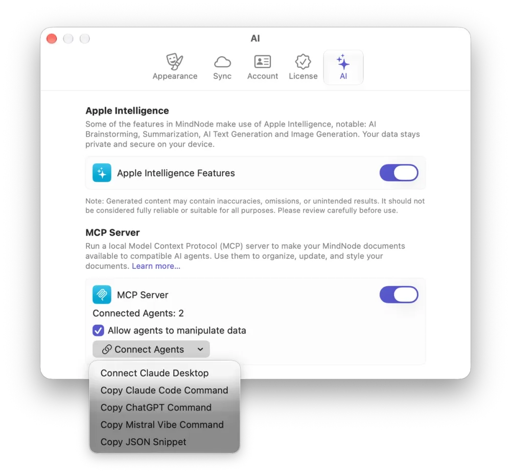 MindNode’s AI settings showing Apple Intelligence features and the MCP Server enabled, with options to connect agents.