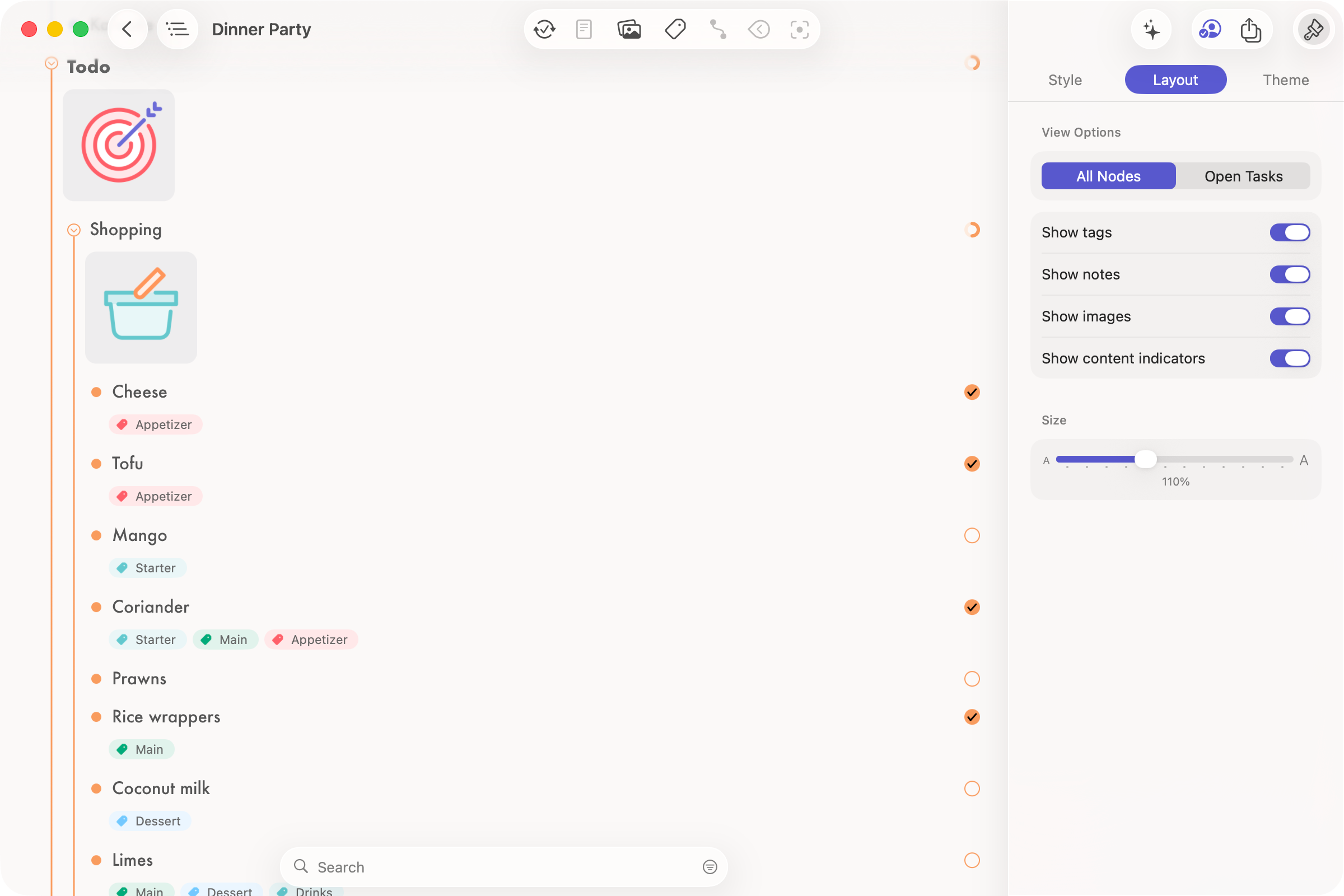 Mac Screenshot of "Dinner Party" outline with Layout sidebar open and all view options enabled.