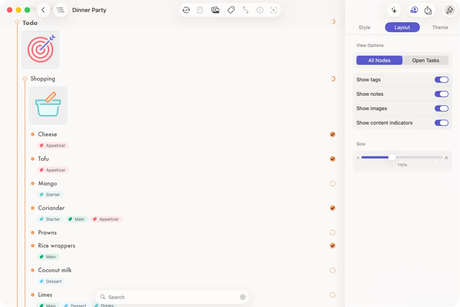 Mac Screenshot of "Dinner Party" outline with Layout sidebar open and all view options enabled.