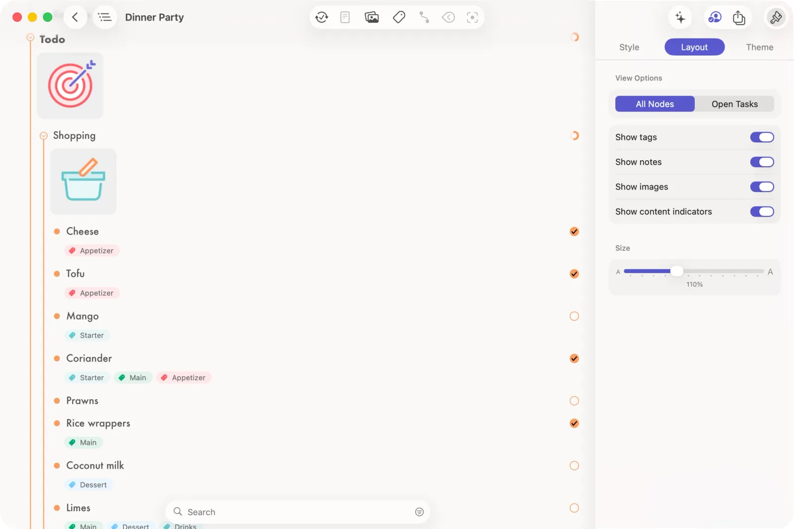 Mac Screenshot of "Dinner Party" outline with Layout sidebar open and all view options enabled.