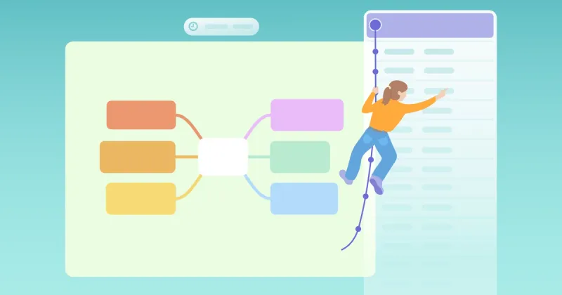 Illustration of a mind map connected to a timeline, with a person interacting with past versions, representing revisiting and organizing ideas.