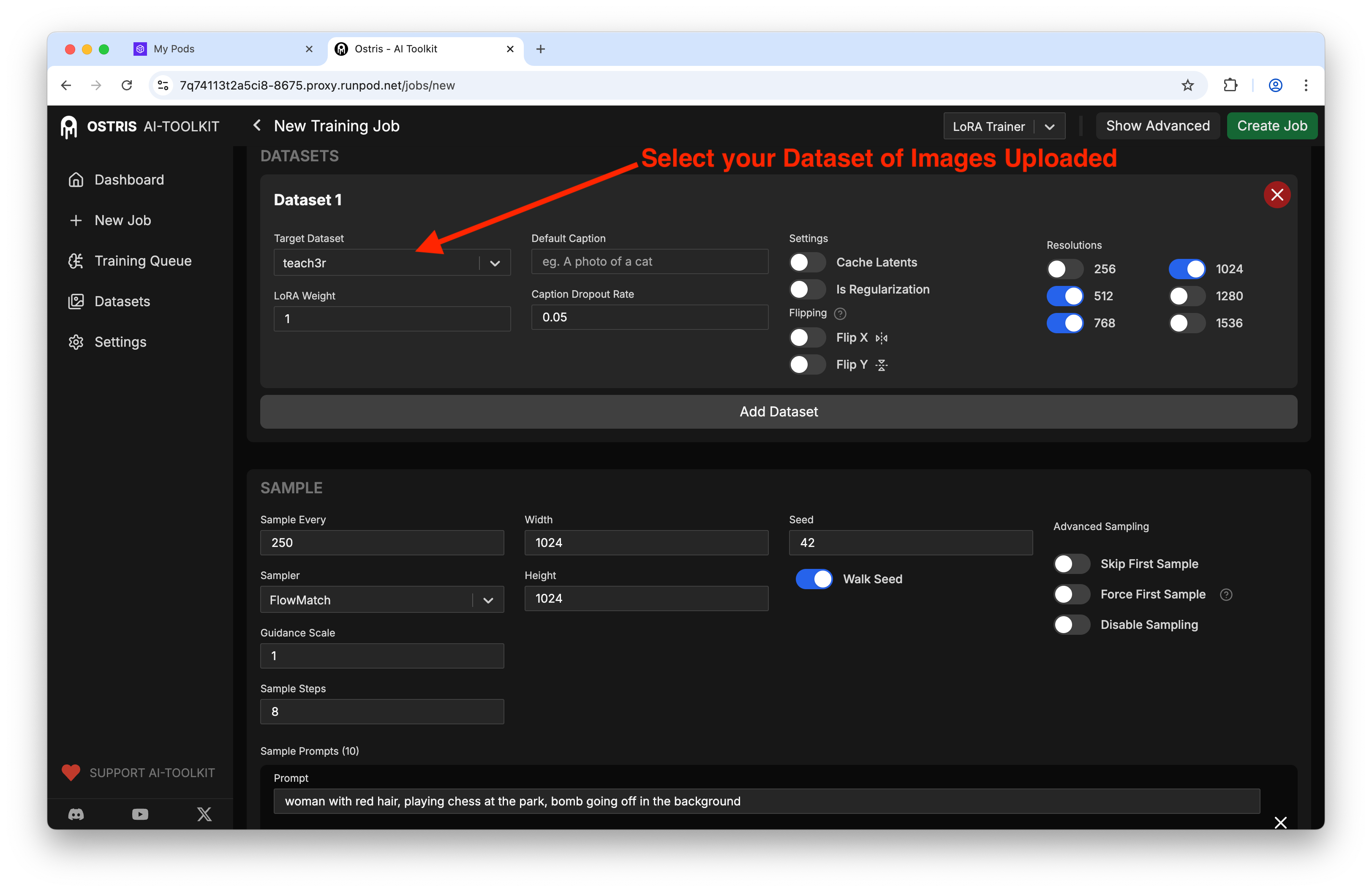 OSTRIS New Training Job UI: Dataset 1 panel, red arrow 'Select your Dataset...', target teach3r, 1024x1024 selected, sample settings shown, prompt contains 'bomb'.